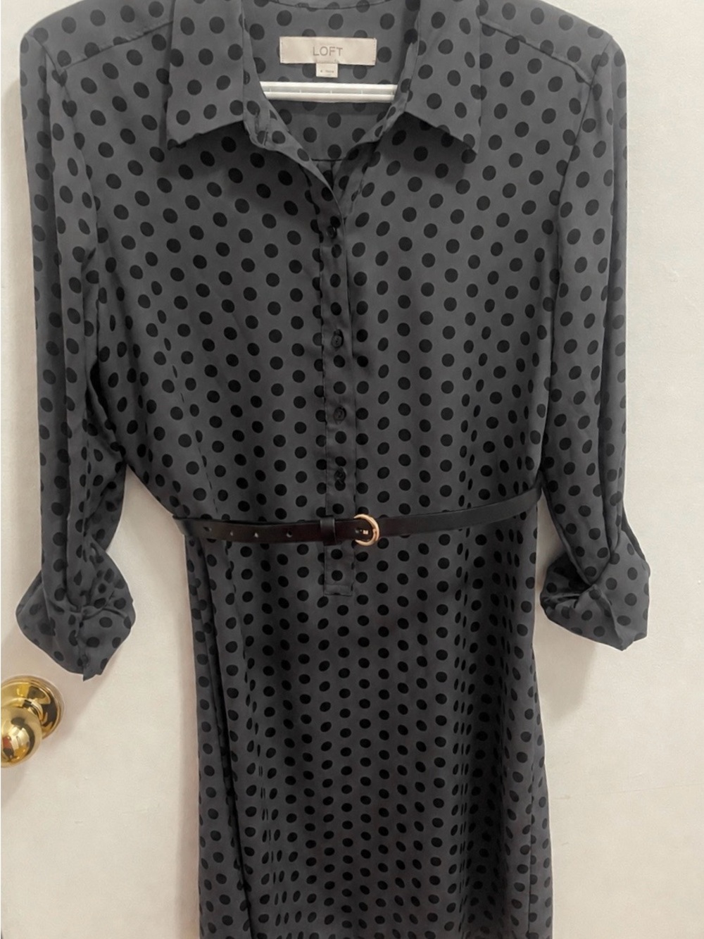 LOFT Charcoal Gray and Black Polka Dot Midi Shirt Dress